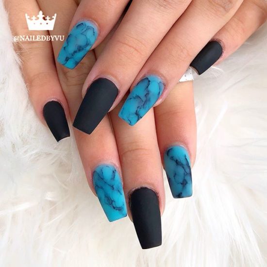 Teal and Black Water Color Marble Nailart