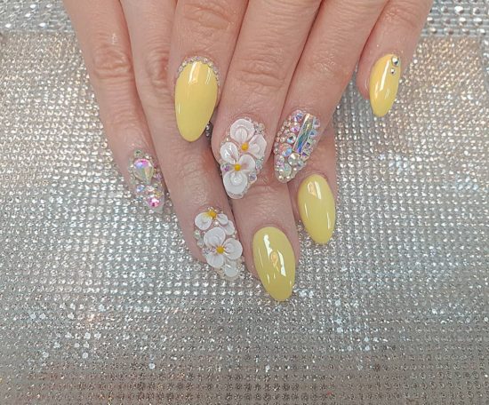 Glossy Yellow With White 3D Flowers and Stones