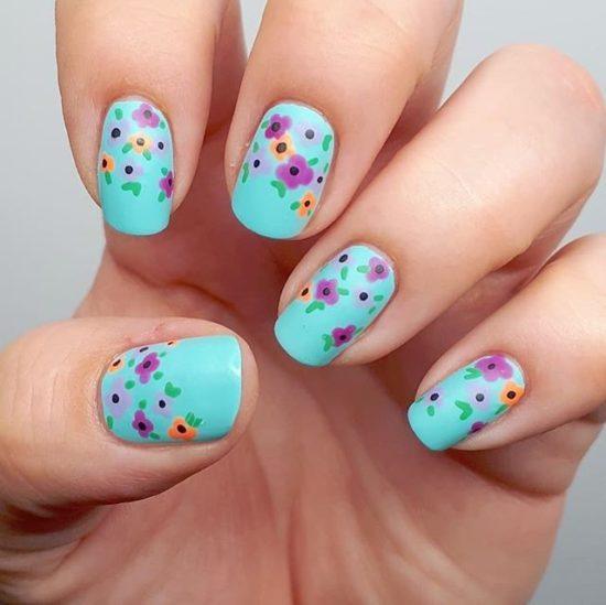 Multi color Flowers on Sea Blue Base Coat