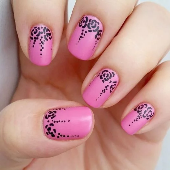 Pink Base Coat With Black Flowers On Top