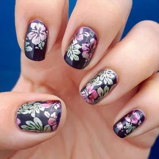 Black Nails with Metallic Multi Color Flowers