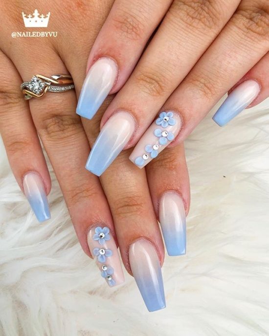 Shaded Blue Nails with Blue Flowers