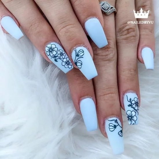 Pastel Blue Nails with Black Line Flower