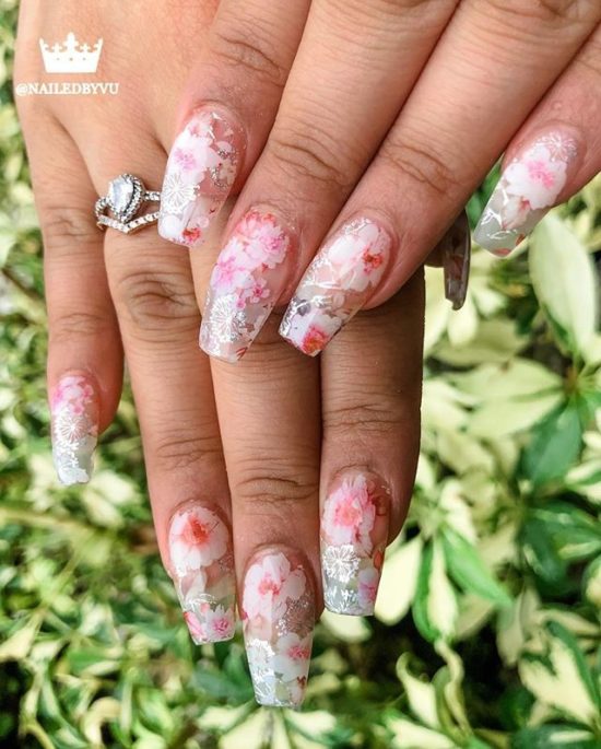 Nude color Nails with Pink and Silver Flower